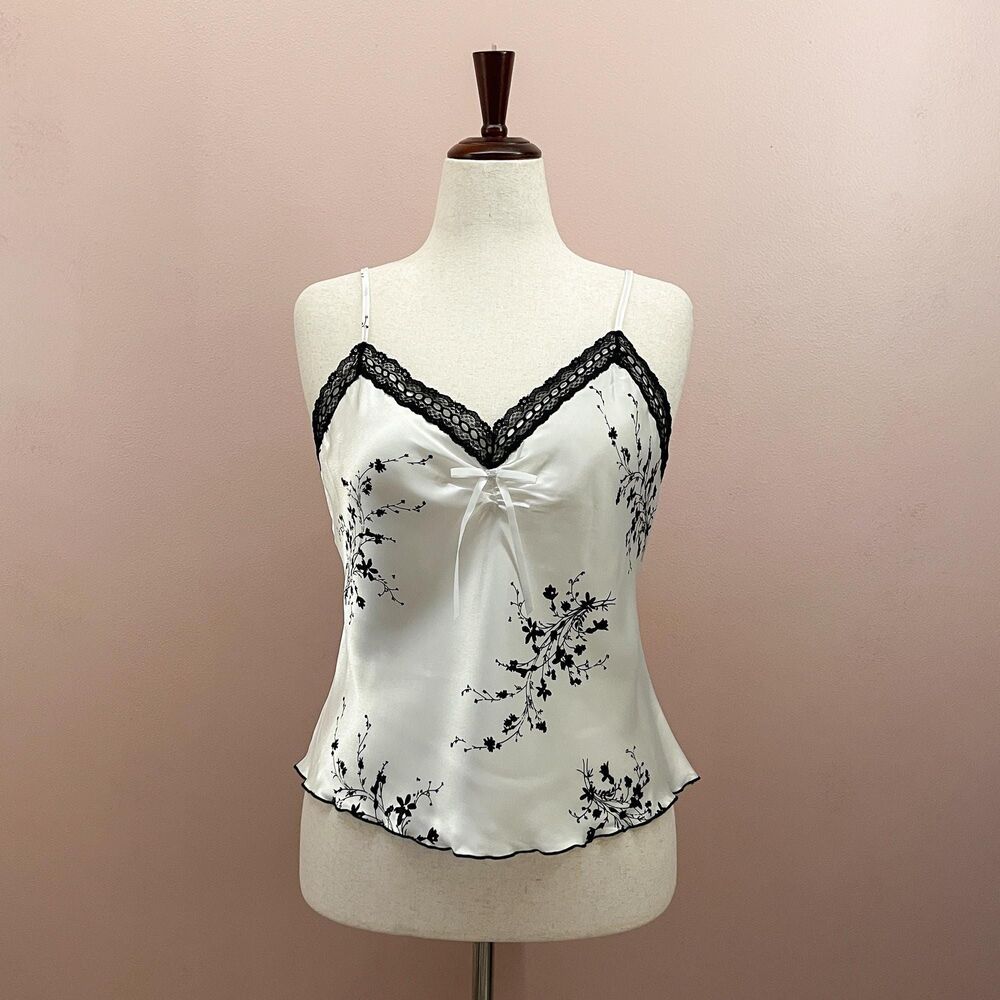 Vintage White Floral Cami Tank Top L Y2K Coquette Whimsy Romantic Coachella